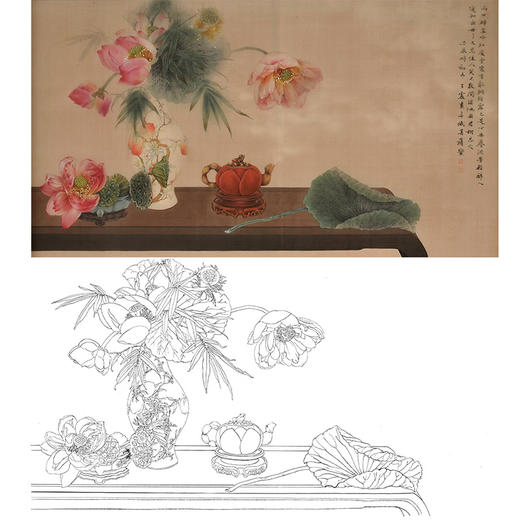 王震横幅工笔没骨花鸟画白描底稿-《流芳轻醉人》-多种白描尺寸可选-WZ47 商品图0
