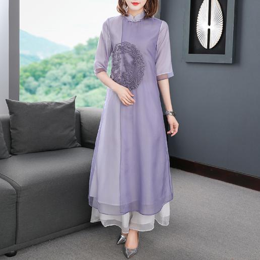 YFN-2087超仙气龙凤刺绣中袖欧根纱宽松A字旗袍裙 商品图1