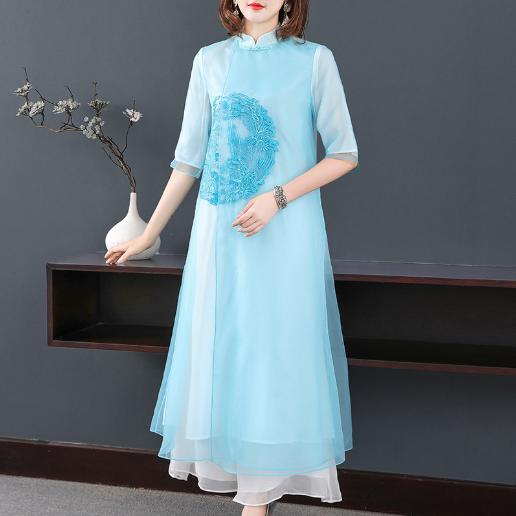 YFN-2087超仙气龙凤刺绣中袖欧根纱宽松A字旗袍裙 商品图0