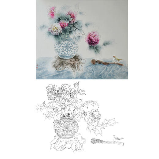 王震工笔没骨花鸟画白描底稿-《此情可待成追忆》斗方小品册页-WZ34 商品图0