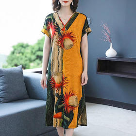 HT-0809新款复古v领显瘦印花宽松连衣裙