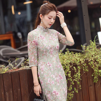 XGT-2334雪纺小碎花印花中长款旗袍裙 商品图0