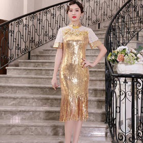DLQ-A2453黄色旗袍显瘦中长款礼服连衣裙