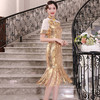DLQ-A2453黄色旗袍显瘦中长款礼服连衣裙 商品缩略图1