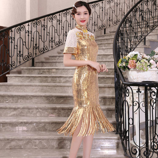 DLQ-A2453黄色旗袍显瘦中长款礼服连衣裙 商品图1