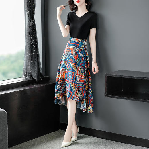 《xwi#夏季新品》ks时尚气质度假风t恤拼接民族风印花女式连衣裙xw