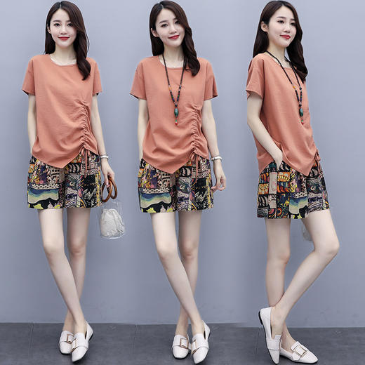 WZNH-XX2512配项链   印花文艺短袖民族风棉麻两件套 商品图4