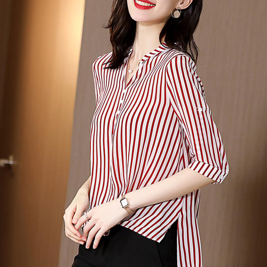 SS-03-2501桑蚕丝衬衣2020条纹真丝中长款v领显瘦短袖上衣衬衫 商品图1
