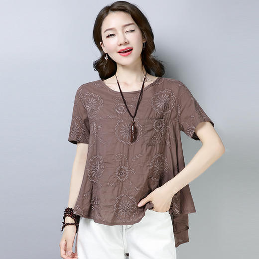 AHM-rffs8532文艺风棉麻圆领短袖T恤女宽松打底上衣 商品图1