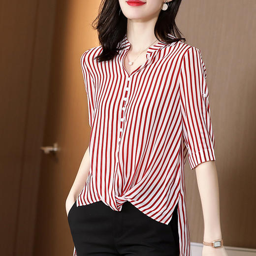 SS-03-2501桑蚕丝衬衣2020条纹真丝中长款v领显瘦短袖上衣衬衫 商品图3
