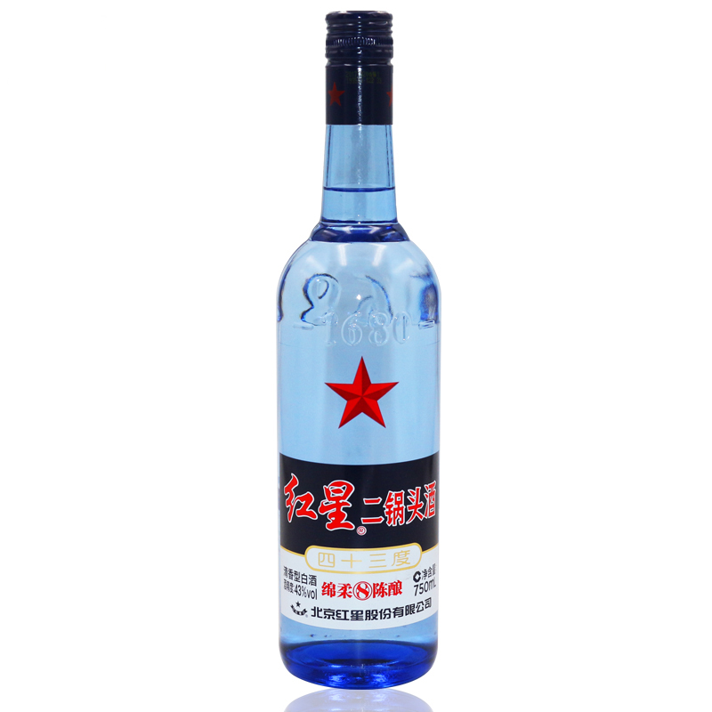 [白酒]红星二锅头蓝瓶43度绵柔750ml(光瓶)