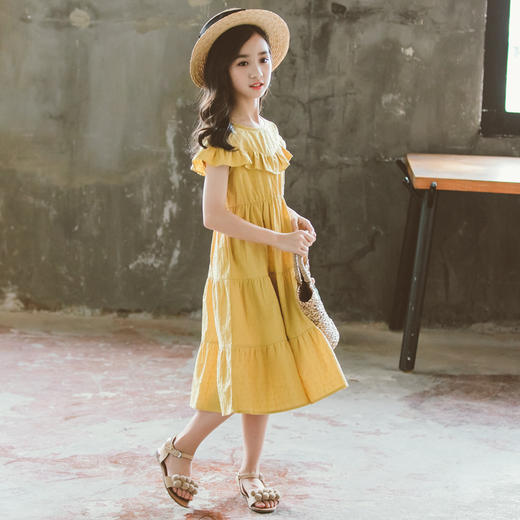 CHT-韩版短袖暗纹提花棉布圆领荷叶边连衣裙 商品图3