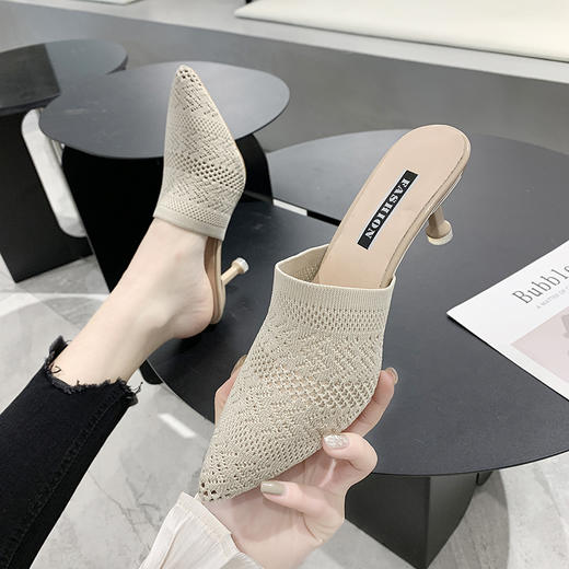 CB-66999新款针织细跟高跟气质飞织网红懒人包头半拖鞋 商品图3