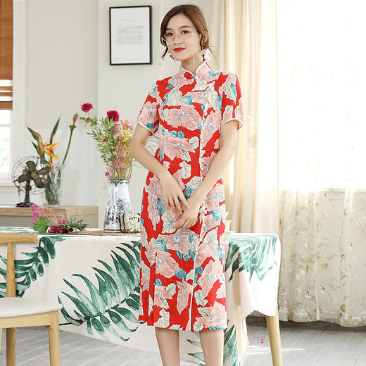 DLQ-A2556中国风复古立领斜门襟印花旗袍裙 商品图0