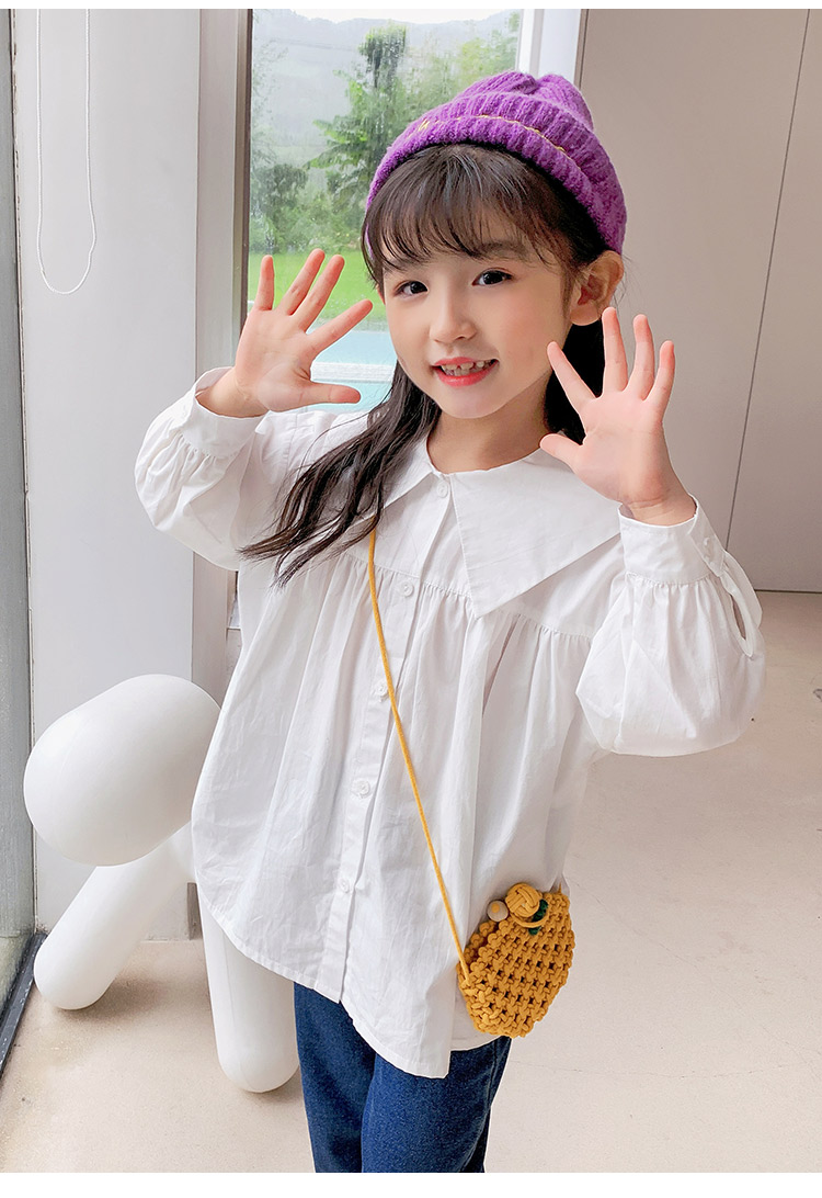 丫逗女童衬衫秋装2020新款小女孩白色长袖衬衣春秋洋气儿童装纯棉上衣
