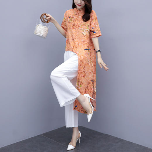 MQQ-570新款大码棉麻套装民族风不规则印花两件套 商品图0