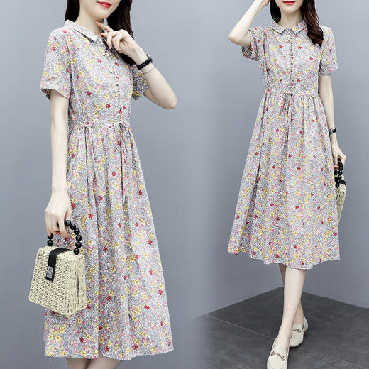 DLL-073棉麻连衣裙    2020新款大码气质收腰显瘦中长款减龄碎花裙 商品图0