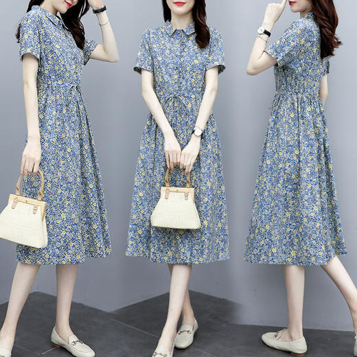 DLL-073棉麻连衣裙    2020新款大码气质收腰显瘦中长款减龄碎花裙 商品图3