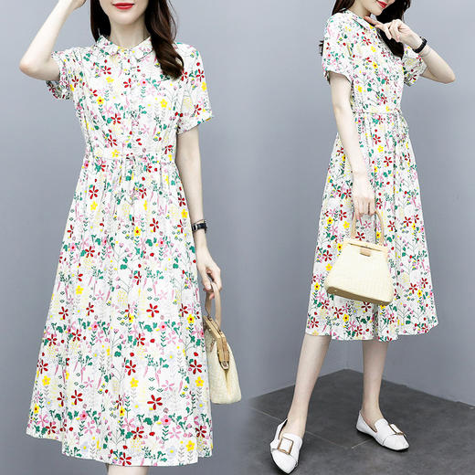 DLL-073棉麻连衣裙    2020新款大码气质收腰显瘦中长款减龄碎花裙 商品图2