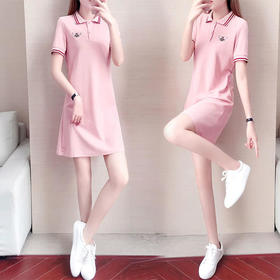 JXG-polo领大码新款韩版小个子短袖中长款绣花T恤裙