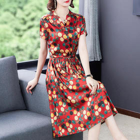AHM-gd0977圆点印花收腰中长款时尚大码连衣裙