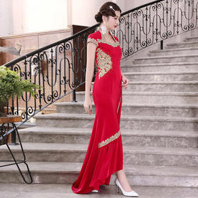 DLQ-A2416红色旗袍连衣裙 中国风女长款气质高端晚礼服