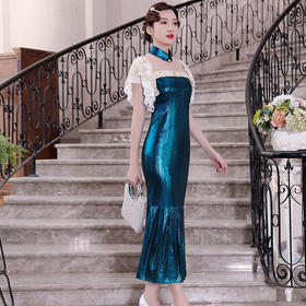DLQ-A2418高端蓝色走秀旗袍礼服修身长款鱼尾连衣裙