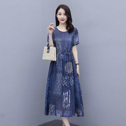 HT-417棉麻连衣裙  新款大码收腰显瘦气质女神范印花薄长裙 商品图1