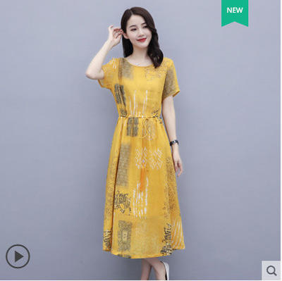 HT-417棉麻连衣裙  新款大码收腰显瘦气质女神范印花薄长裙 商品图0