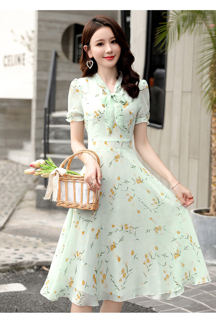 cq xbl825时尚印花雪纺中长款连衣裙【优】