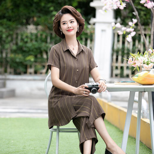 THZJ-4114妈妈装棉麻衬衫阔腿裤洋气短袖两件套 商品图1