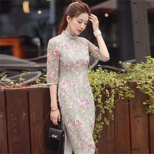 WXY-2334新款小碎花印花中长款改良修身旗袍裙 商品图0