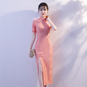 YM-83205改良时尚，蕾丝前开叉旗袍裙