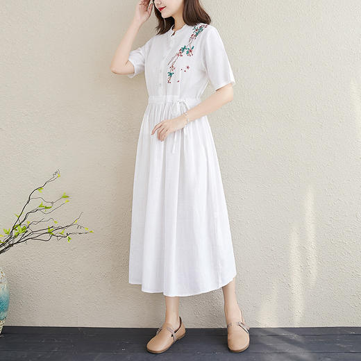 DUK-1370新款文艺棉麻短袖收腰显瘦刺绣长裙子 商品图3