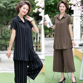 THZJ-4114妈妈装棉麻衬衫阔腿裤洋气短袖两件套