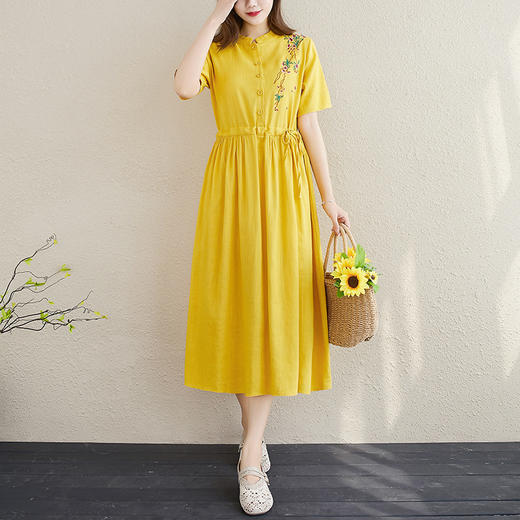 DUK-1370新款文艺棉麻短袖收腰显瘦刺绣长裙子 商品图1