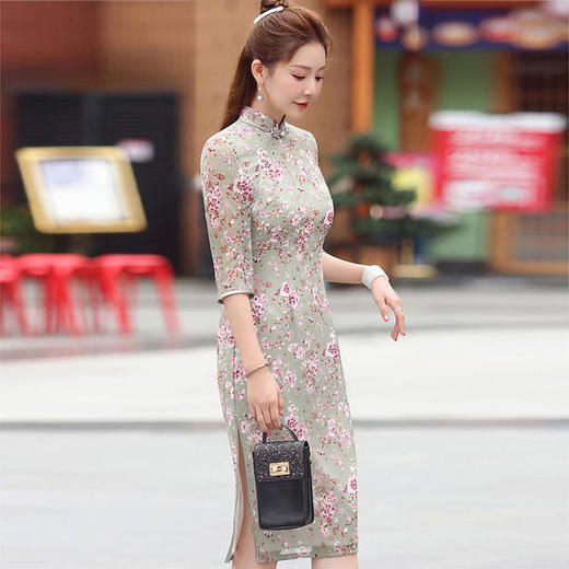 WXY-2334新款小碎花印花中长款改良修身旗袍裙 商品图3