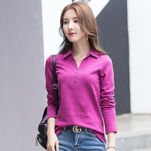 宽松简约，长袖竹节棉纯棉百搭翻领T恤ZS-1845-1 商品图1