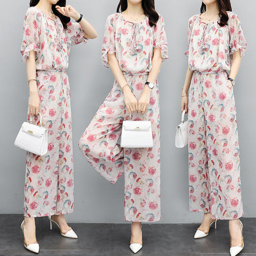 DLL-6565新款气质轻熟风显瘦上衣阔腿裤雪纺洋气两件套 商品图1