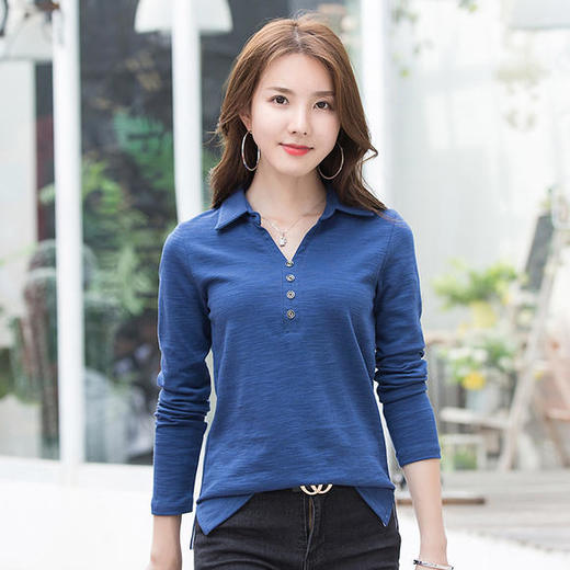 宽松简约，长袖竹节棉纯棉百搭翻领T恤ZS-1845-1 商品图4