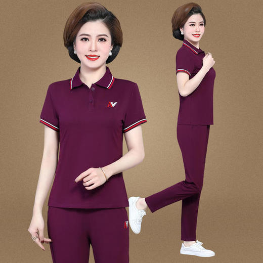 W-685【95棉】新款时尚运动服套装中年短袖休闲两件套 商品图1