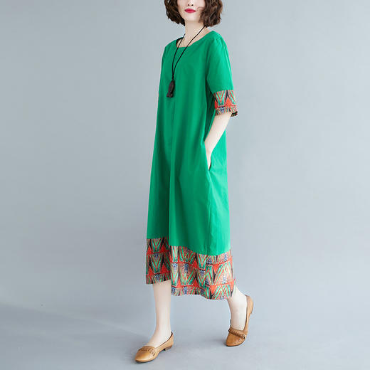 XXJR-1861胖MM宽松袍子夏新款文艺舒适大码棉麻印花短袖连衣裙 商品图1