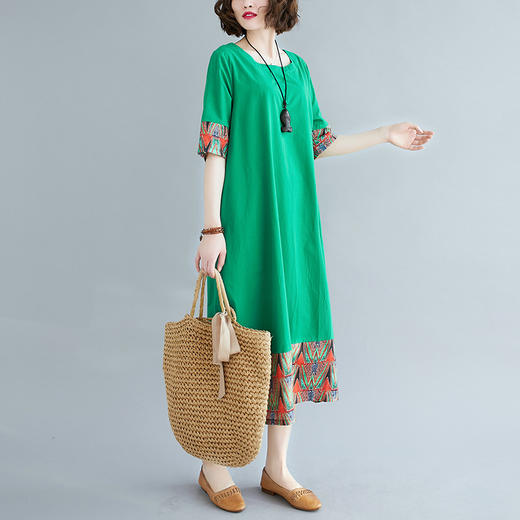 XXJR-1861胖MM宽松袍子夏新款文艺舒适大码棉麻印花短袖连衣裙 商品图3