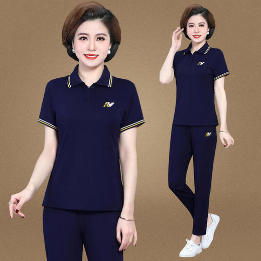 W-685【95棉】新款时尚运动服套装中年短袖休闲两件套 商品图0