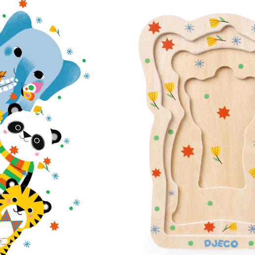 法国djeco宝宝动物躲猫猫儿童木质三层大块早教益智简易拼图1-2岁 商品图1