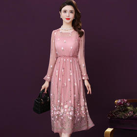 WXY-JR-3289新款时尚优雅气质收腰圆领长袖桑蚕丝刺绣双绉连衣裙