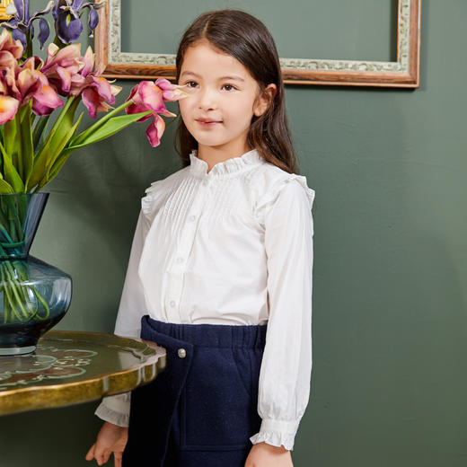 METTE童装2020秋新品女童白色长袖衬衫时尚荷叶边纯棉开衫薄上衣 商品图3