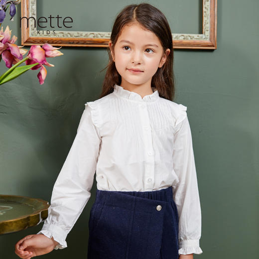METTE童装2020秋新品女童白色长袖衬衫时尚荷叶边纯棉开衫薄上衣 商品图0