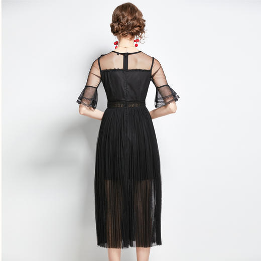 AHM-hjw9798新款气质网纱拼接高腰修身时尚蝴蝶绣花喇叭袖百褶裙ZXH 商品图4