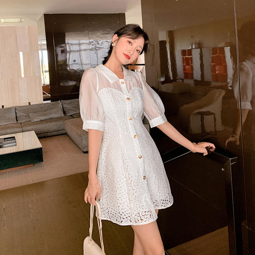 欧芮儿短袖白色连衣裙女新品中长款气质显瘦收腰A字裙 商品图0